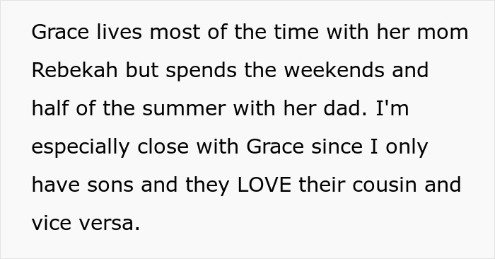 Text describes Grace spending time with her parents, and the narrator's sons loving their cousin. Wealthy woman story context.