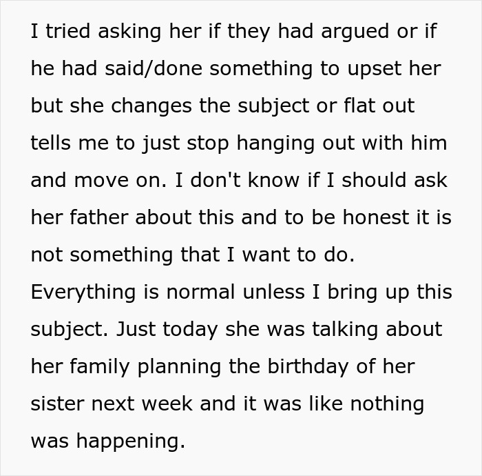 Text describing a man discovering his GF's dad's ugly cover-up. He questions asking her father directly.