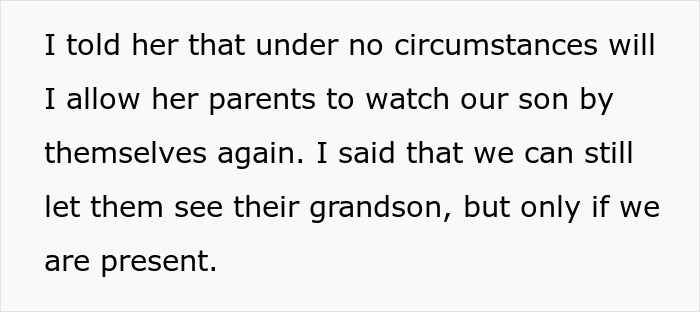 Text from a story: "I told her that under no circumstances will I allow her parents to watch our son by themselves again." A Dad has a major meltdown after MIL secretly baptized their child.