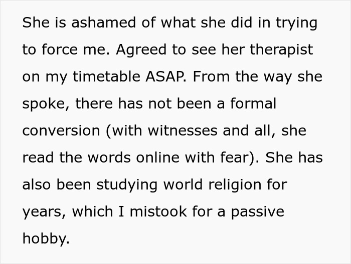 Text excerpt showing a wife discussing her therapist and the nuance of her conversion to Muslim.