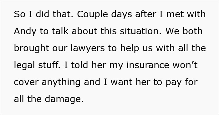 Text about discussing legal action and demanding stepdaughter pay for car damage