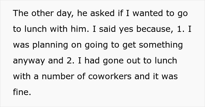 Text describes a woman accepting a coworker's lunch invite, thinking it's casual, not a date.