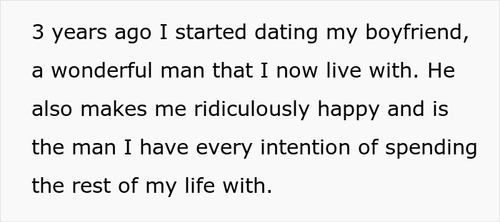 Text detailing a woman's relationship, three years in, living with her boyfriend and planning forever. A woman's dream trip dilemma.