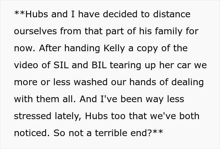 Text about distancing from stressful family after video evidence involving SIL and BIL