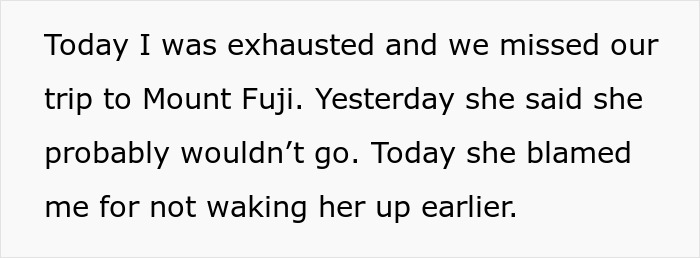 Text describing a missed Mt. Fuji trip and blaming, highlighting wife behavior on honeymoon and question sanity.