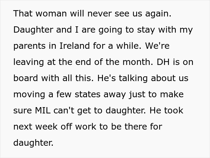 Text on a screen details a family's plan to move far away to protect their child after the MIL allergies incident.