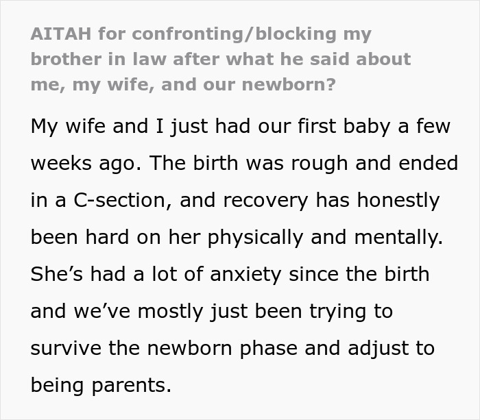 Text describing brother in law conflict over newborn and family issues Text describing brother in law conflict over newborn and family issues
