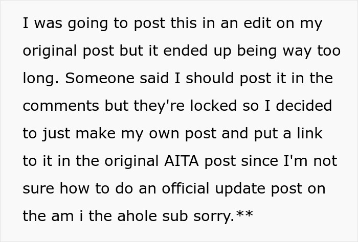 Text explaining decision to post lengthy update about pasta incident