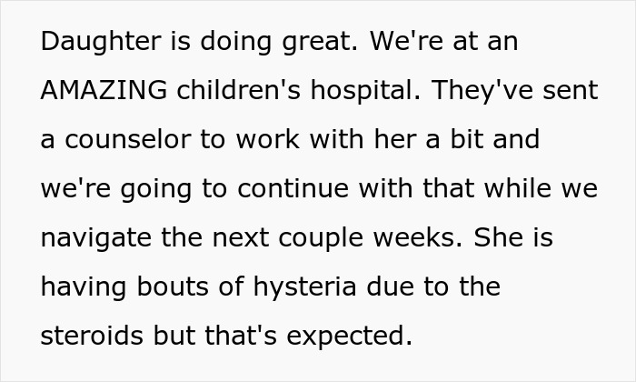 Text update: Daughter is doing great at a children's hospital with a counselor, navigating recovery after her allergies led to the ER.