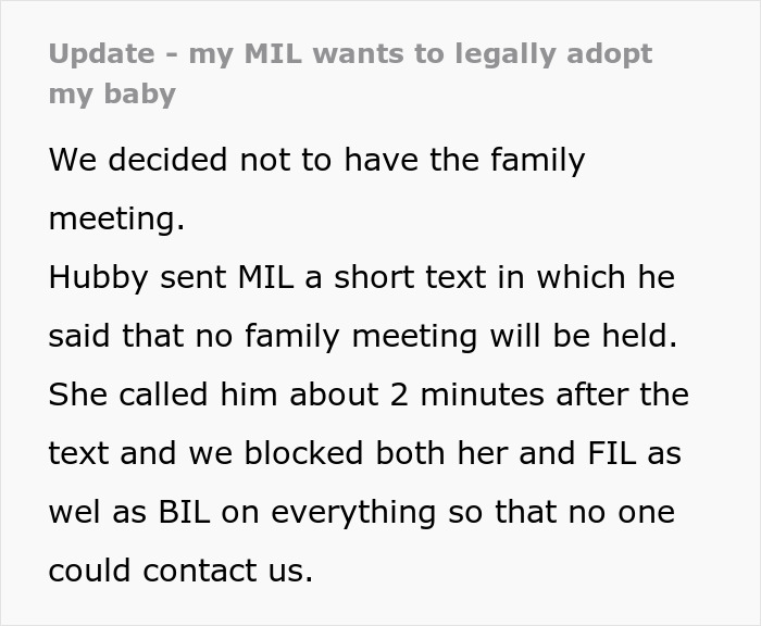 Text update about a MIL wanting to adopt grandchild. Family cuts contact after a text, disowning due to circumcision.