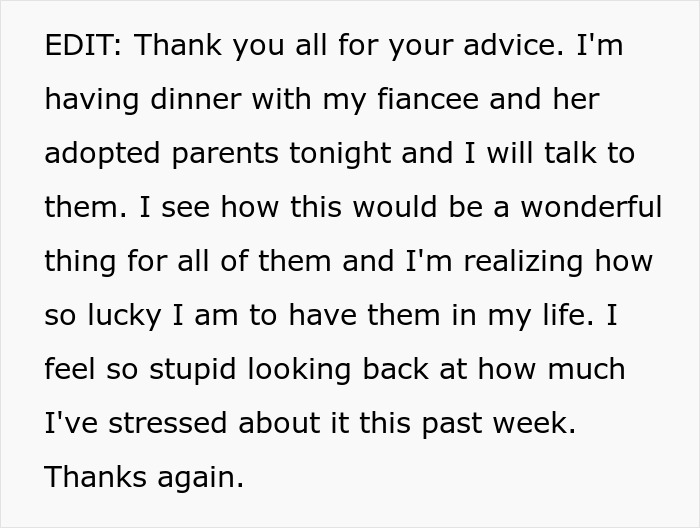 Text expressing gratitude for advice about fiancee and her adopted parents walking her down the aisle.