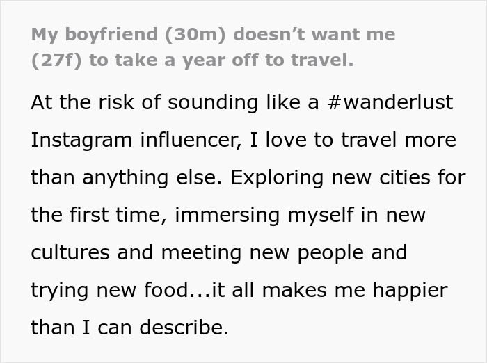 Text post about a woman's dream trip dilemma, seeking advice on an impossible choice between travel and her boyfriend.