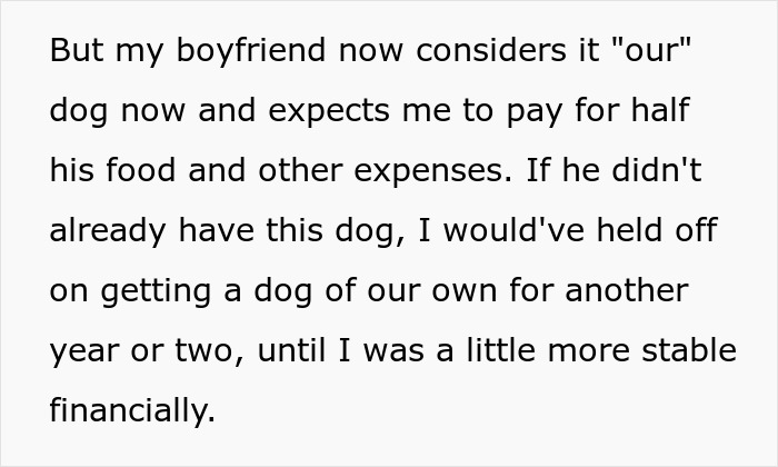 Text about boyfriend expecting 50/50 payment for dog expenses in relationship Text about boyfriend expecting 50/50 payment for dog expenses in relationship
