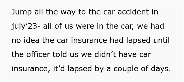Text from a SAHM describing a car accident where their insurance lapsed, facing more debt and harassment.