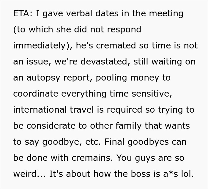 Employee explains cremation and international travel during bereavement leave