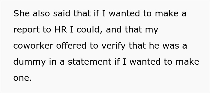 A screenshot of text on a white background about making an HR report and a coworker verifying a statement for a casual lunch that became a date.