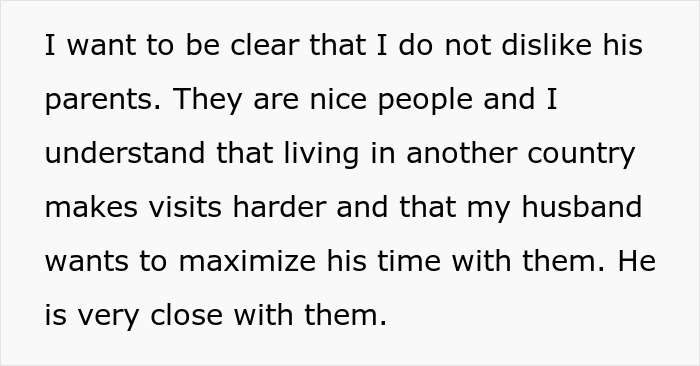 Text explaining wife's understanding of in-laws' visits and husband's closeness Text explaining wife's understanding of in-laws' visits and husband's closeness