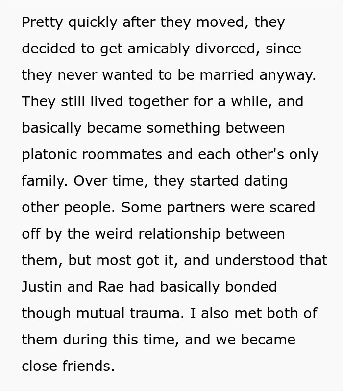 Text discussing amicable divorce and relationship after leaving restrictive community