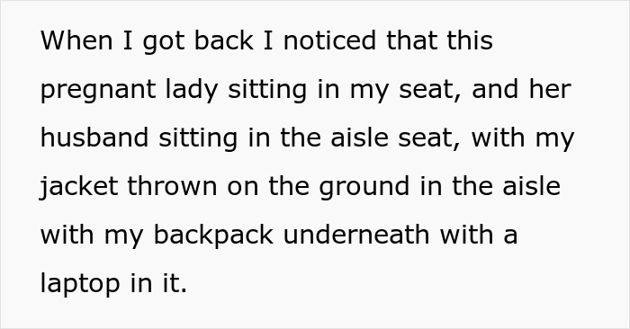 Text excerpt noticing a pregnant woman sitting in the narrator's saved plane seat