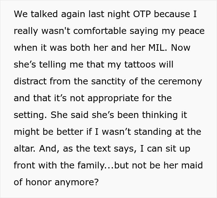 Maid Of Honor Gets Her Title Taken Away Because Her Tattoos Aren’t Suitable For Church Anymore Maid Of Honor Gets Her Title Taken Away Because Her Tattoos Aren’t Suitable For Church Anymore