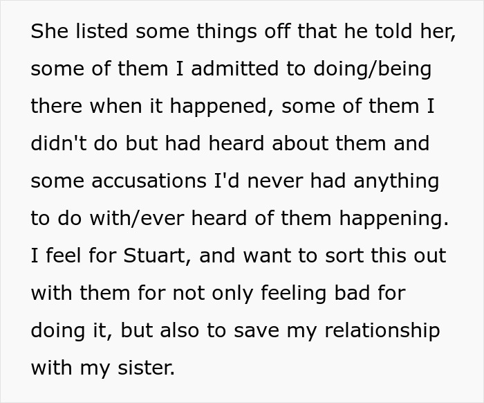 Text listing accusations related to bullying and desire to fix relationship with sister