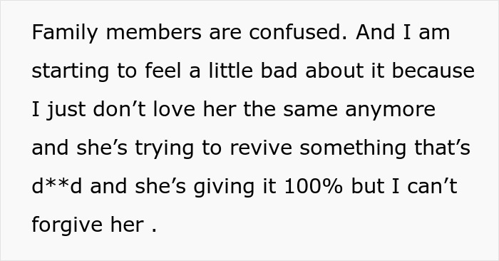 Screenshot of text about family confusion, not loving an ex after her affair, and a desire to break her heart. Screenshot of text about family confusion, not loving an ex after her affair, and a desire to break her heart.
