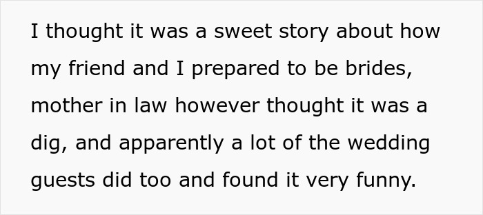 Text about bride's reaction to speech and wedding guests finding it funny Text about bride's reaction to speech and wedding guests finding it funny
