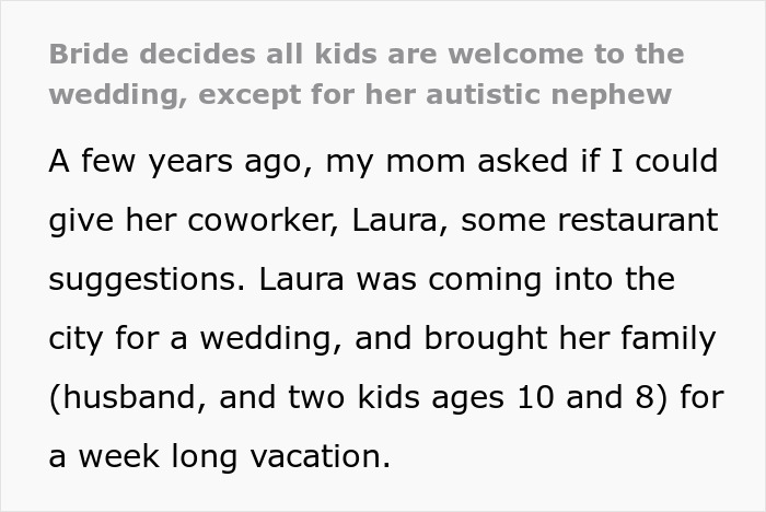 Bigoted Bride Makes Sure Autistic Nephew Isn't At Wedding, Lies To Sis About It Being Kid-Free Event Bigoted Bride Makes Sure Autistic Nephew Isn't At Wedding, Lies To Sis About It Being Kid-Free Event