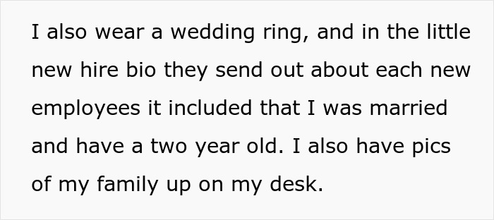 Text about a woman realizing her coworker thinks their casual lunch is a date, despite clear signs she's married.