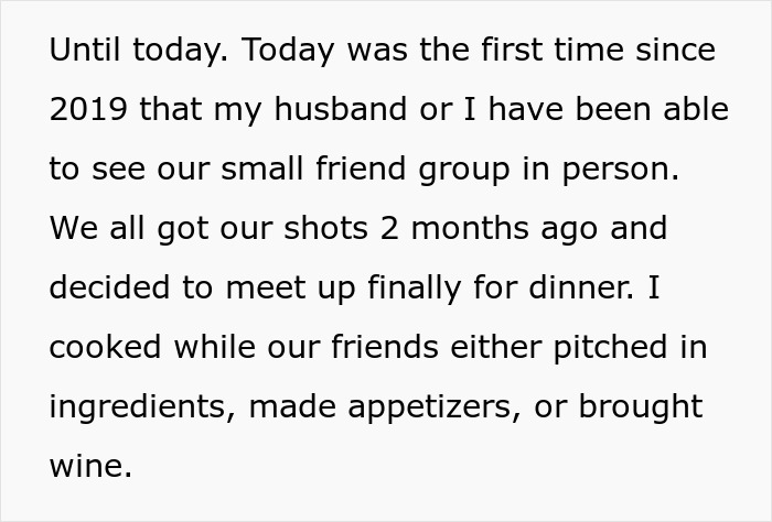 Text explaining first social dinner after 2019 with meal preparation details