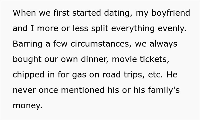 Text excerpt describing couple splitting expenses evenly despite boyfriend's wealth Text excerpt describing couple splitting expenses evenly despite boyfriend's wealth