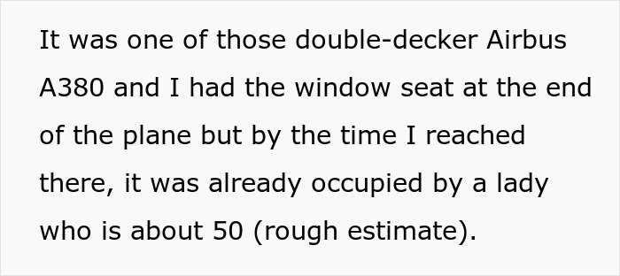 Text describing a double-decker Airbus A380 and a window seat already occupied by a woman, relates to the Karen shames guy for eating meat story.