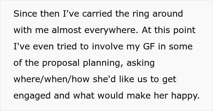 Text explaining involvement of girlfriend in proposal planning and carrying the ring everywhere