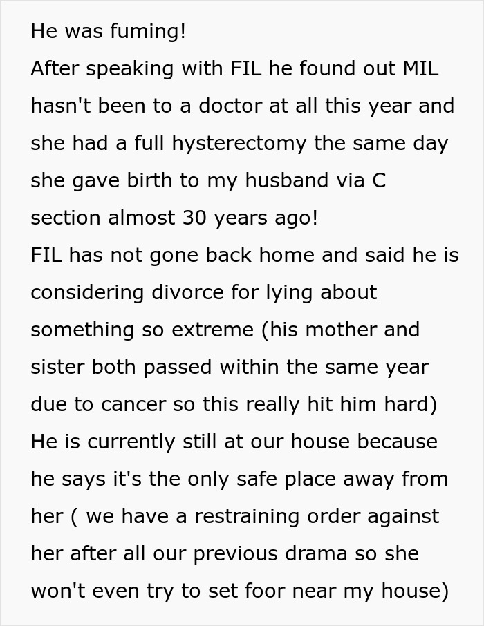 Text from a MIL drama story, revealing a MIL's lies and a FIL considering divorce over her unhinged behavior.