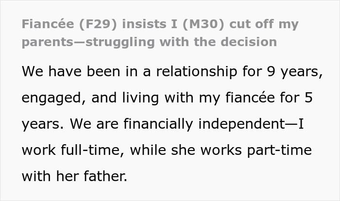 Text detailing a fianc&eacute;e's demand for her partner to cut off his manipulative parents, highlighting relationship struggles.