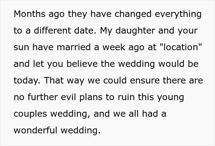 Text describing couple secretly marrying earlier to avoid MIL sabotage Text describing couple secretly marrying earlier to avoid MIL sabotage