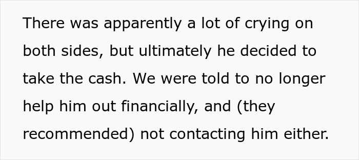 A text recounting a brother's wedding, involving money, and the family's decision to cut financial support.