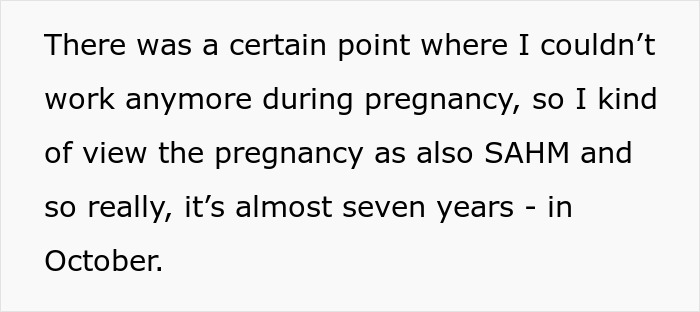 Text stating that the person views pregnancy as part of her SAHM journey, approaching seven years in October.