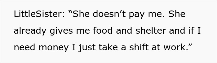 Screenshot of text about free babysitting and shelter from sister