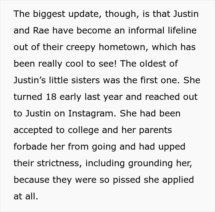 Informal lifeline formed by Justin and Rae in cult hometown helping escapees
