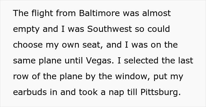 Text excerpt about choosing a window seat on a nearly empty Southwest flight