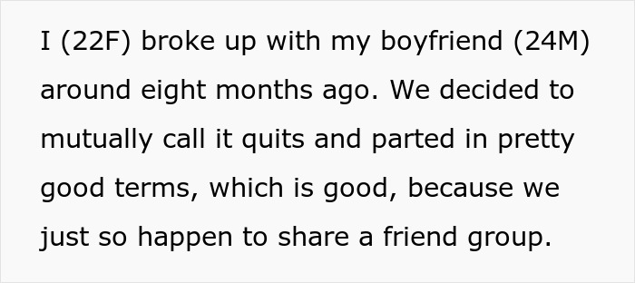 Text describing breakup and shared friend group between exes Text describing breakup and shared friend group between exes