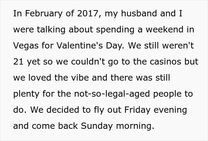 Text describes a couple planning a Valentine's Day Vegas trip while under 21, including son house details.