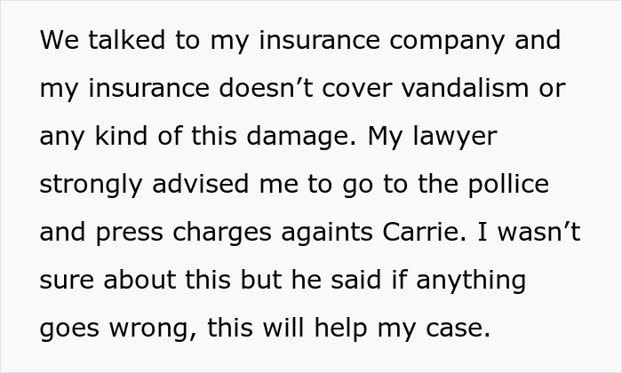 Text about insurance not covering vandalism and lawyer advising to press charges
