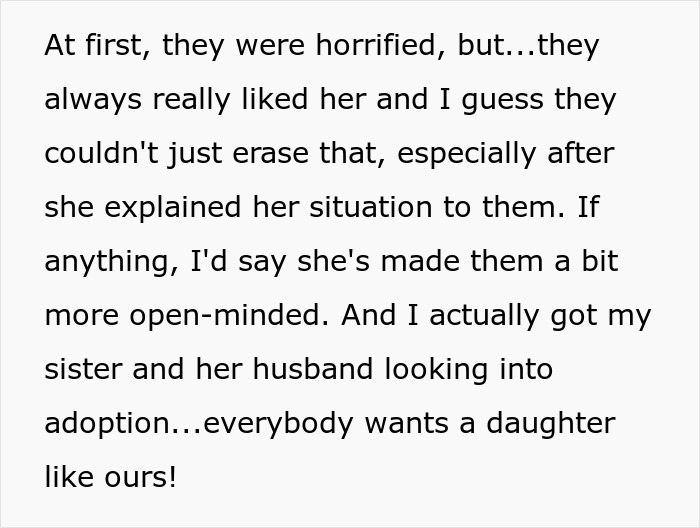 Text about family's reaction to adoption and open-mindedness Text about family's reaction to adoption and open-mindedness