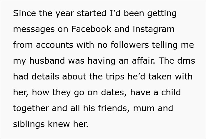 Text describing social media messages exposing cheating husband&rsquo;s affair