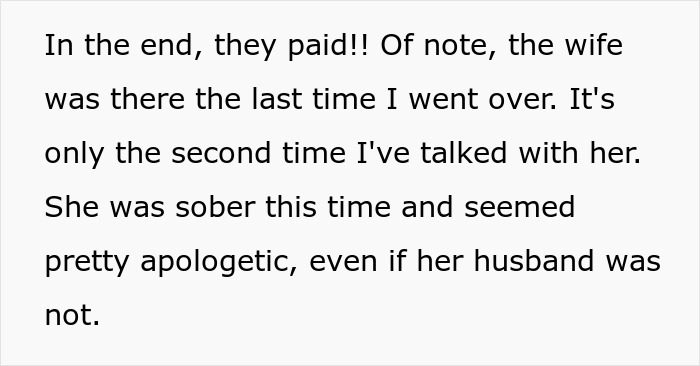 Text describing neighbors paying for fence repair and apology