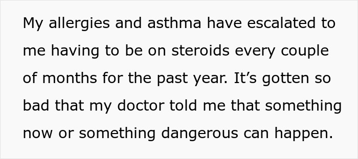 Text from a user about escalating allergies, asthma, and steroid use, highlighting the importance of learning to defend oneself.