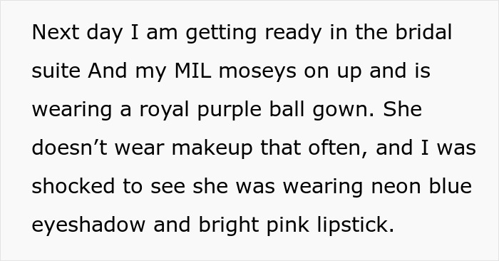 Text describing MIL wearing royal purple ball gown with neon makeup at wedding Text describing MIL wearing royal purple ball gown with neon makeup at wedding