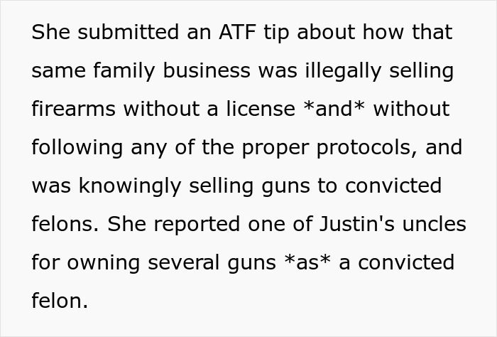 Text detailing illegal firearm sales by a family business in an insular community